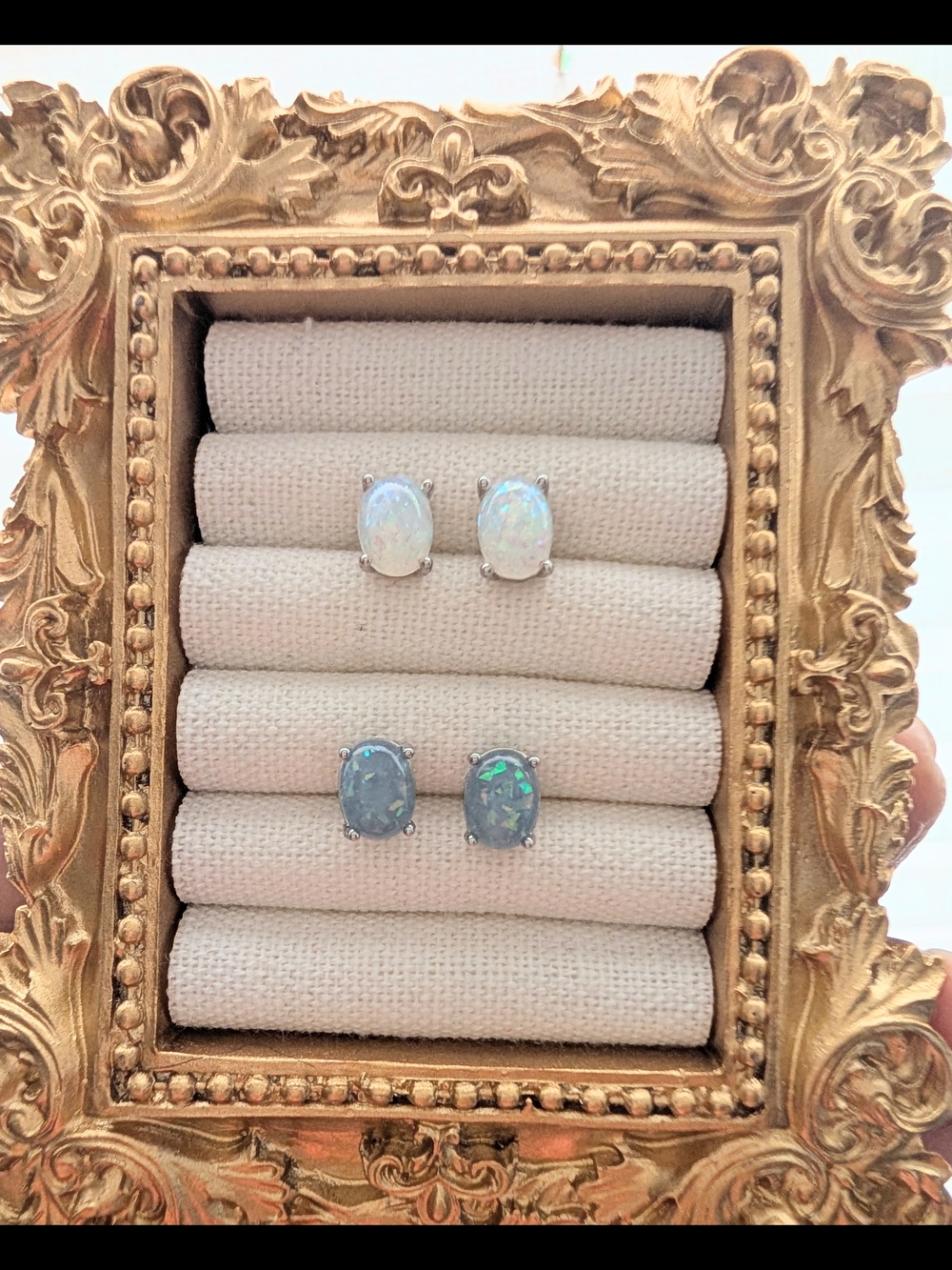 Classic Opal Oval Stud Earrings - White and Blue Green Opal Set